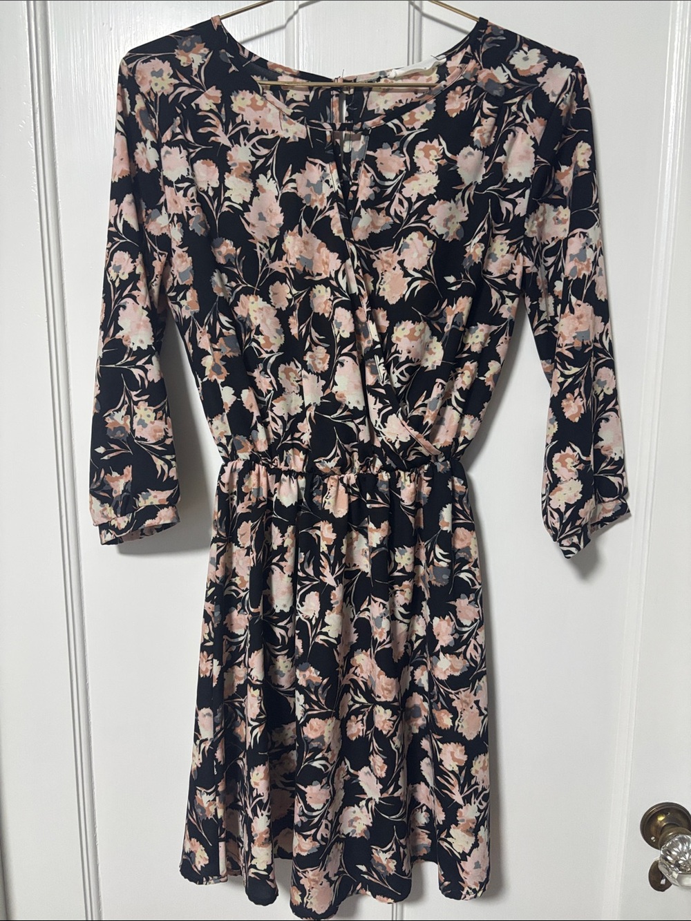 Lush Black and Blush Pink Floral Long-Sleeve Faux-Wrap Dress